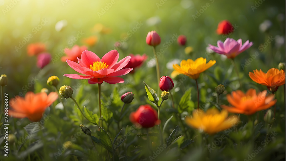 A serene spring backdrop featuring a colorful assortment of wildflowers bathed in the warm, golden light of spring, conveying growth and rejuvenation