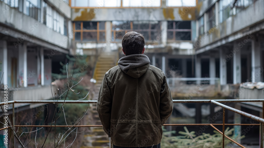 A man stands contemplatively before an abandoned, dilapidated structure, the overcast sky adding to the somber scene. A man stands contemplatively before an abandoned, dilapidated structure, the overcast sky adding to the somber scene.