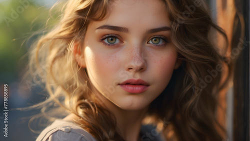 Dreamy close-up of a young woman's face bathed in the warm, soft light of spring evening