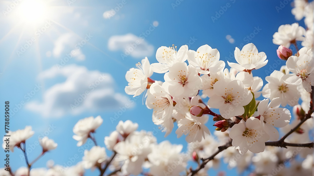 Bright cherry blossoms bloom against a vivid blue sky, showcasing the beauty of spring in full swing Bright cherry blossoms bloom against a vivid blue sky, showcasing the beauty of spring in full swing