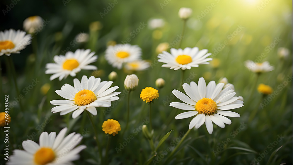 An enchanting field of daisies blossoms under the golden light of the sun, highlighting the renewal and vibrancy of spring in the natural world An enchanting field of daisies blossoms under the golden light of the sun, highlighting the renewal and vibrancy of spring in the natural world