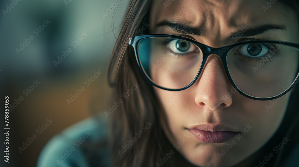 Close-up of a woman with glasses displaying a skeptical expression, her eyes filled with inquisitive doubt. Close-up of a woman with glasses displaying a skeptical expression, her eyes filled with inquisitive doubt.