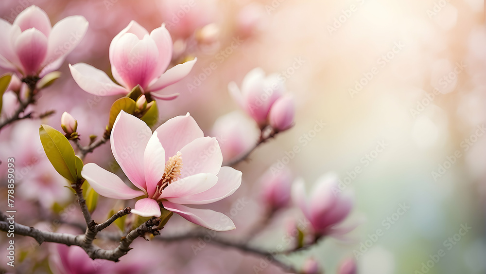 Obraz premium The delicate pink magnolia blossoms epitomize the renewal and beauty of spring, with sunbeams enhancing their gentle allure