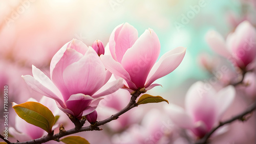 Stunning magnolia flowers in bloom against a backdrop of a pastel-hued spring sky, evoking romance and the spirit of renewal © Heruvim