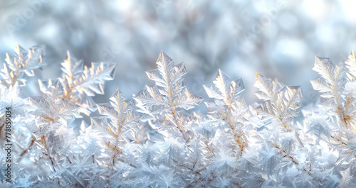   Snowflakes atop snow pile with blue-white backdrop