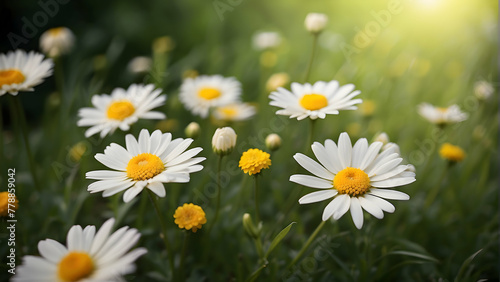An enchanting field of daisies blossoms under the golden light of the sun, highlighting the renewal and vibrancy of spring in the natural world