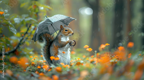 cute squirrel among flowers and forest with an umbrella in its paws