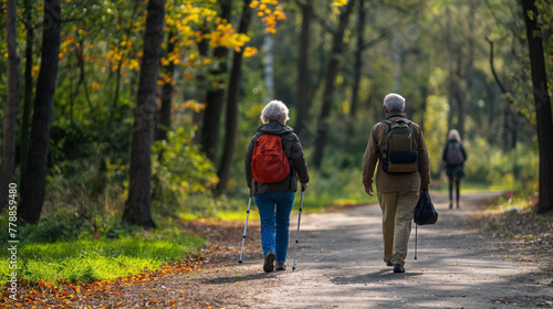 Two seniors with backpacks enjoy a leisurely walk on a path in a park, surrounded by the greenery of early fall.