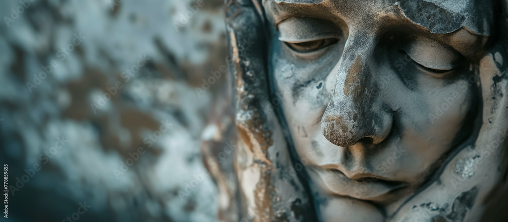 Stone sculpture's serene face, with detailed textures highlighted by natural lighting. Stone sculpture's serene face, with detailed textures highlighted by natural lighting.