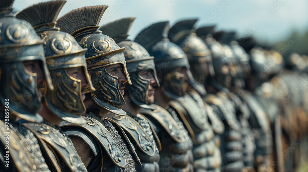 A rank of soldiers clad in historical armor stand in formation, each helmet and cuirass reflecting attention to detail and historical accuracy.