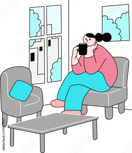 部屋でくつろぐ女性、線画、ベクター
