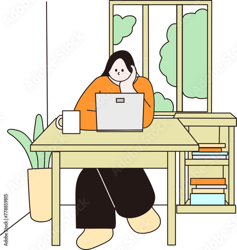 ノートパソコンと女性、線画、ベクター