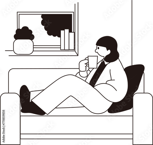 ソファーでコーヒーを飲む女性、線画、ベクター