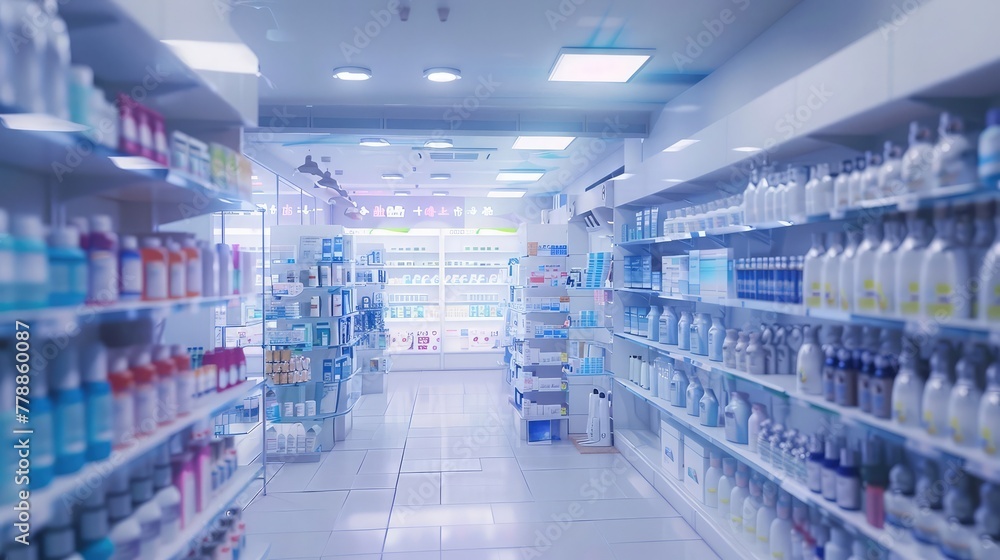 A bright and spacious 24-hour pharmacy interior with aisles of products and helpful signage,