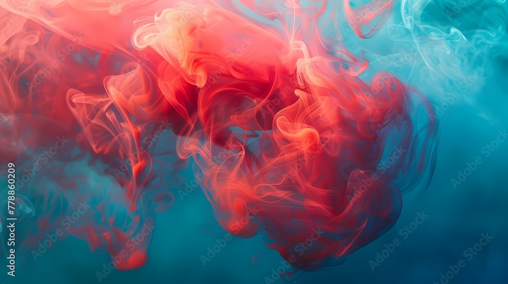 Crimson smoke swirling in ethereal patterns against a vibrant azure backdrop. Crimson smoke swirling in ethereal patterns against a vibrant azure backdrop.