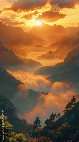  A beautiful sunrise over the mountains, with a foggy valley below in the golden light. The scene is cinematic, with hyper realistic style. --ar 9:16 --style raw --stylize 750