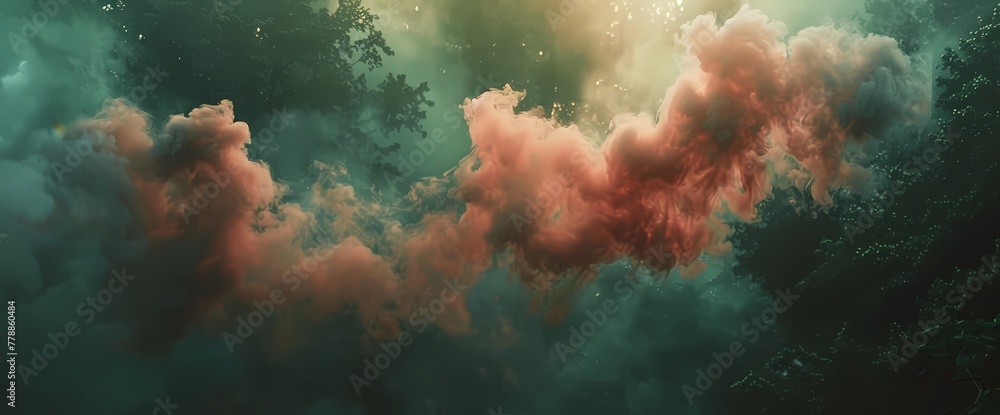 Deep burgundy clouds of smoke forming enchanting shapes against a background of forest green.