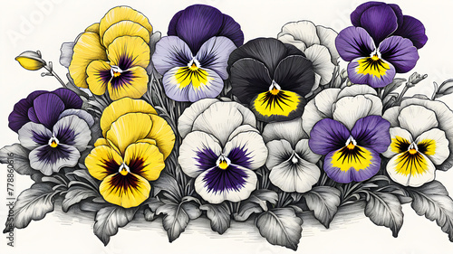 bright colorful pansies background. pansy flowers painted with watercolors photo