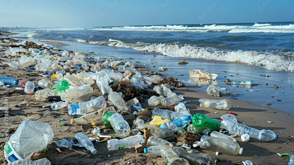 Beach covered in plastic debris, washed ashore by the tide, garbage and environmental pollution, futuristic background