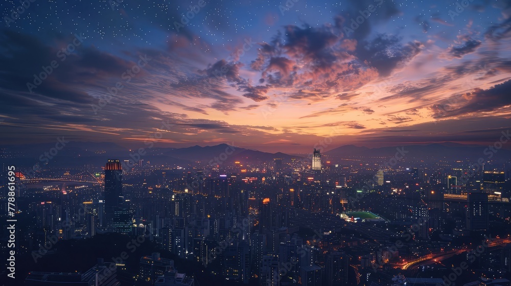 A cityscape at twilight, with the first stars appearing in the sky and the lights of the buildings creating a warm glow,