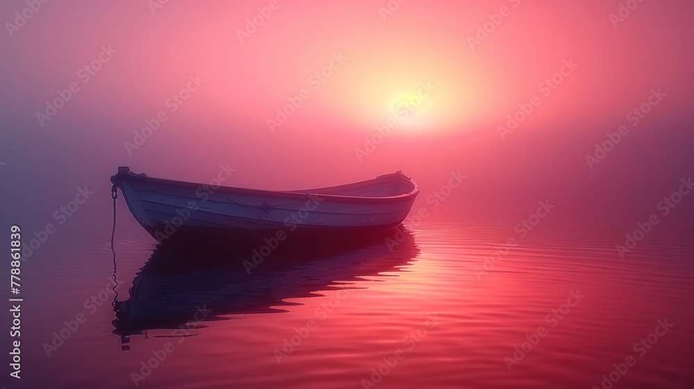   A red and pink sky is visible from the small boat floating on top of a body of water with the sun in the distance