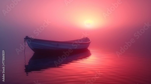  A red and pink sky is visible from the small boat floating on top of a body of water with the sun in the distance