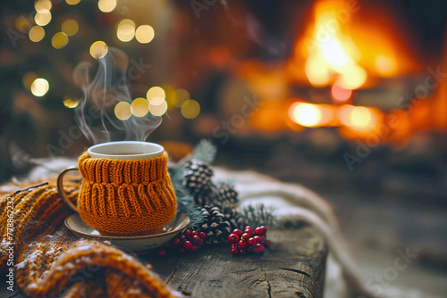 a cup of coffee with a sweater on the background of a fireplace and a fire