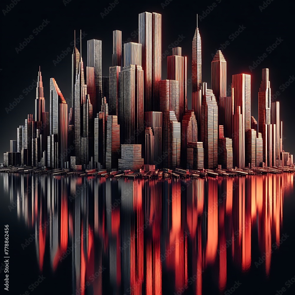 Big city sky scrapers reflecting in the water, imitation made of batch staples composition in red light on reflecting surface and black background - obrazy, fototapety, plakaty 