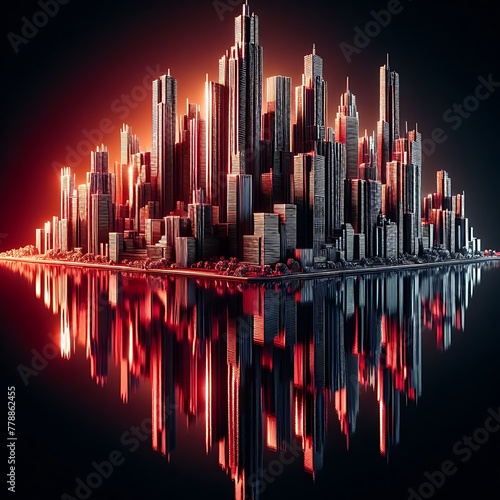 Big city sky scrapers reflecting in the water, imitation made of batch staples composition in red light on reflecting surface and black background