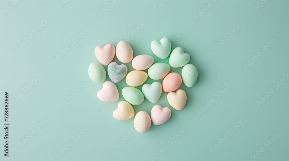 Colorful easter eggs shaped like heart on mint green background Colorful easter eggs shaped like heart on mint green background