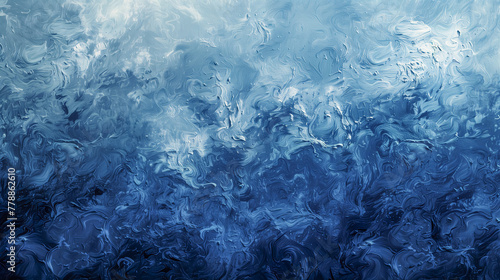 Abstract blue water painting texture background with visible brush strokes and swirling patterns in shades of blue and white. Copy space for text.