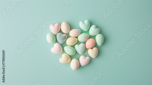 Colorful easter eggs shaped like heart on mint green background