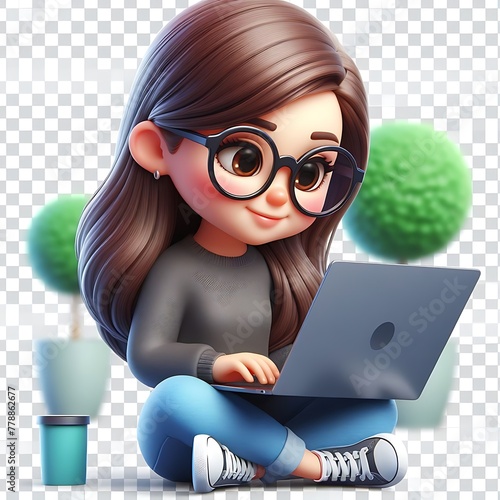 Cartoon 3D character businesswoman is holding a laptop and looking at the screen during work. Illustration isolated on transparent background