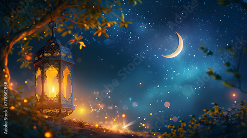 Arabic lantern with crescent moon blue themed. Ramadan Kareem greeting card with copy space. Muslim Holiday celebration. Eid celebration. Generative Ai