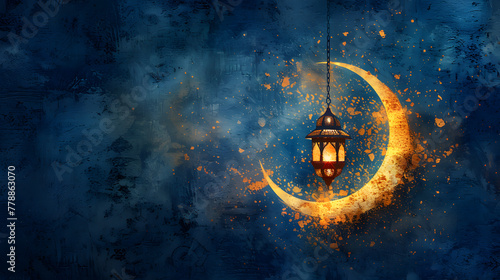 Arabic lantern with crescent moon blue themed. Ramadan Kareem greeting card with copy space. Muslim Holiday celebration. Eid celebration. Generative Ai