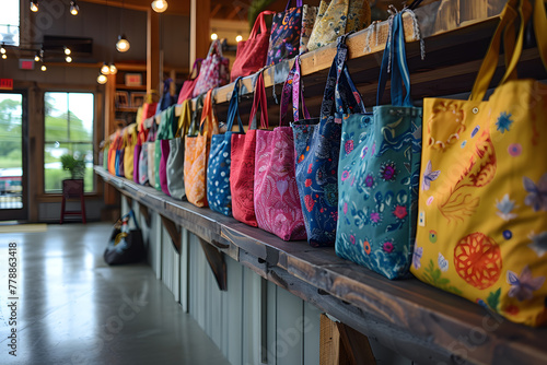 Eco-friendly floral reusable bags hanging on hooks for shopping. Sustainable tote bags. Generative Ai
