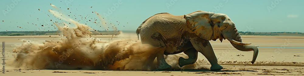 Fototapeta premium Majestic elephant dancing on sandy shore. A large elephant gracefully kicks up sand, creating a beautiful display of movement and power