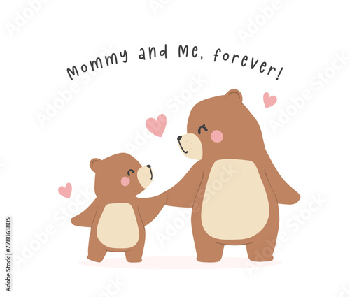 Heartwarming Mothers Day Bear Mom and Baby hugging Cub Greeting Card Illustration.