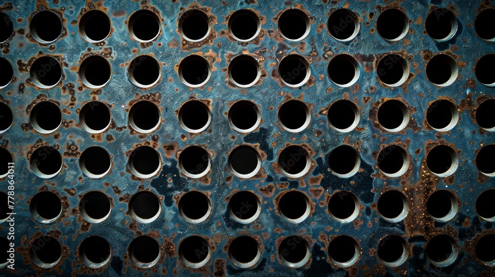 Close-up of a rusty metal sheet with a pattern of circular holes, showing textures and details Close-up of a rusty metal sheet with a pattern of circular holes, showing textures and details