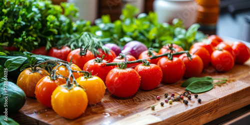 Fresh Organic Tomatoes Herbs Wooden Board Healthy