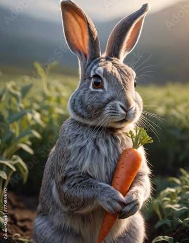 A photorealistic illustration of a grey rabbit holding a carrot with a backdrop of soft focus greenery