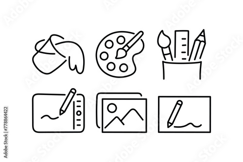 illustration of a set of tools for drawing. Art, creativity related outline icons set isolated on white background flat vector illustration. 