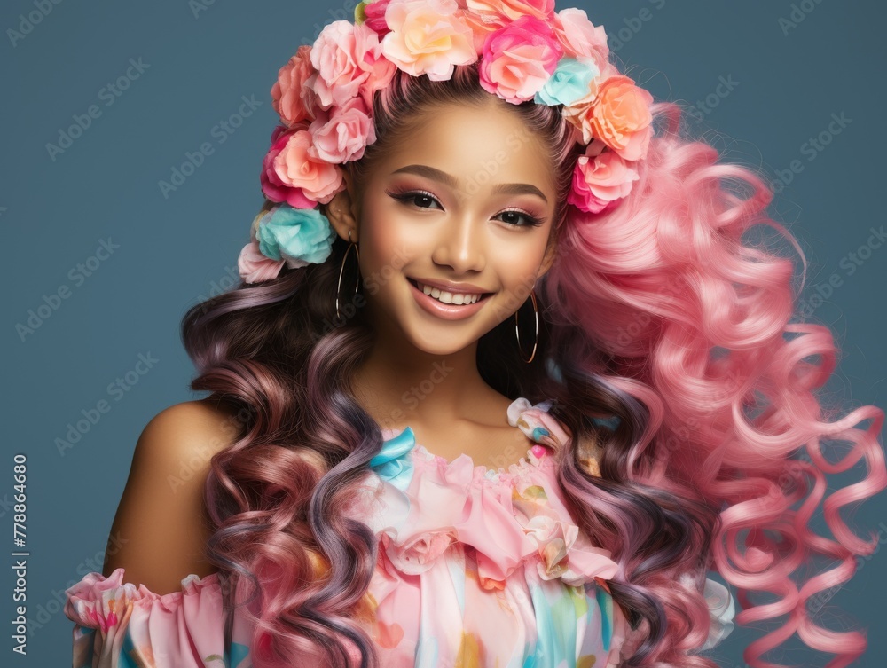 Girl With Pink Hair and Flowers in Hair
