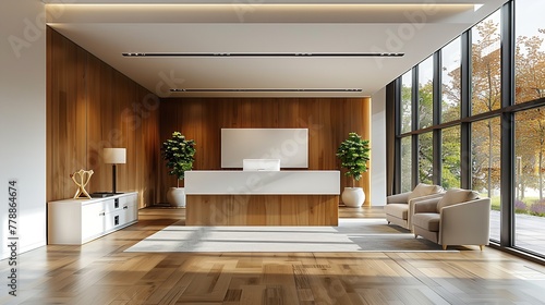 Modern office interior with wooden and white color and nature view from window with space  Generative AI.
