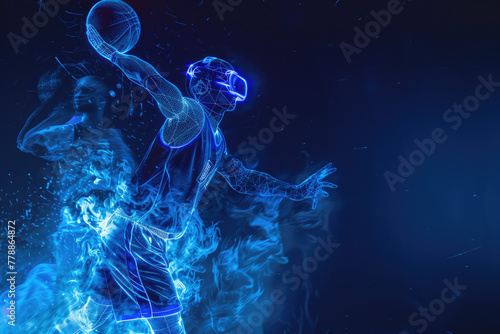 Blockchain haptic VR sport suite player and basketball player, blue spark sport background