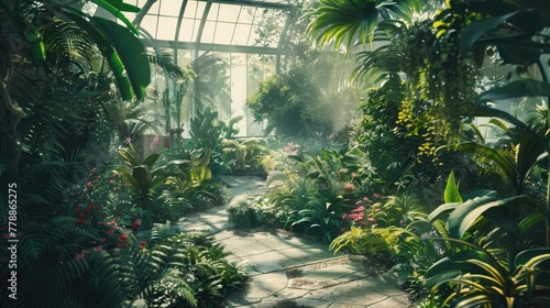 A closed botanical garden with a diverse collection of plants thriving under controlled conditions, creating a vibrant and sustainable microcosm,