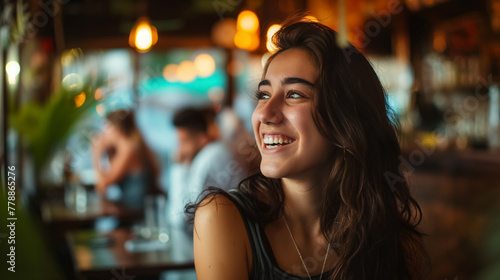 A joyous woman with wavy hair smiles while seated in a lively cafe, with soft focus lights creating a cozy ambiance.