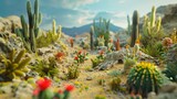 A closed desert ecosystem simulation with cacti, succulents, and desert creatures coexisting in a miniature arid environment,