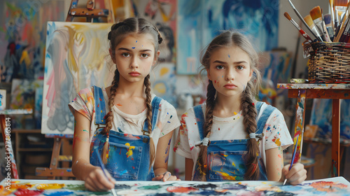 Twin sisters painting side-by-side on canvases