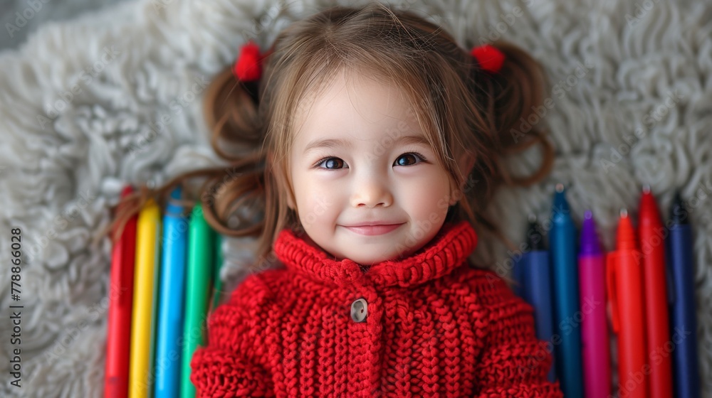 Little Girl Wearing Red Knitted Sweater Little Girl Wearing Red Knitted Sweater